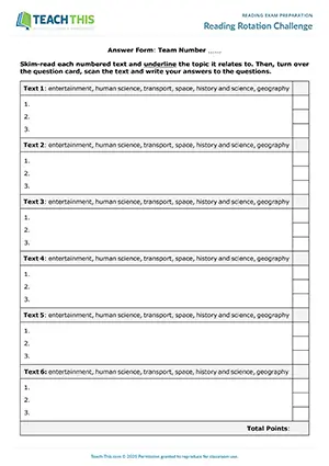 EAP skimming and scanning game preview for Intermediate (B1) showing skimming, scanning, and comprehension question activities