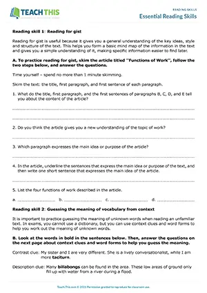 EAP reading skills worksheet preview for Intermediate (B1) showing skimming, context clues, scanning, and reading detail activities