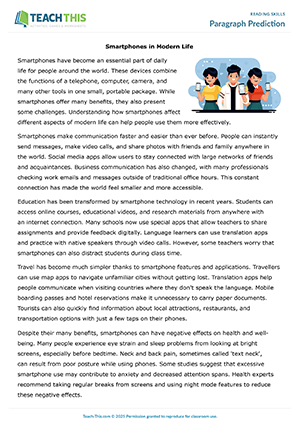 EAP reading skills game preview for Intermediate (B1) showing prediction, summary writing, and peer review activities