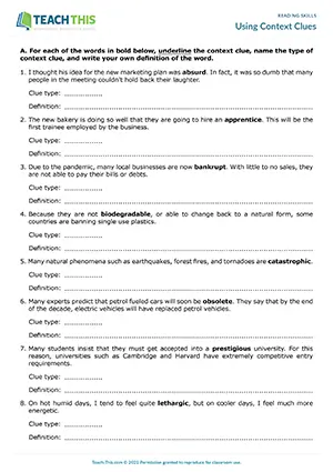 EAP context clues worksheet preview for Intermediate (B1) showing identifying, labelling, and writing sentences