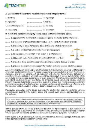 Academic Integrity Worksheet Preview