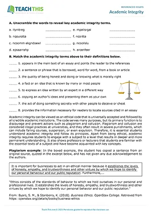 EAP academic integrity worksheet preview for Upper-intermediate (B2) showing matching, identifying, and true or false exercises