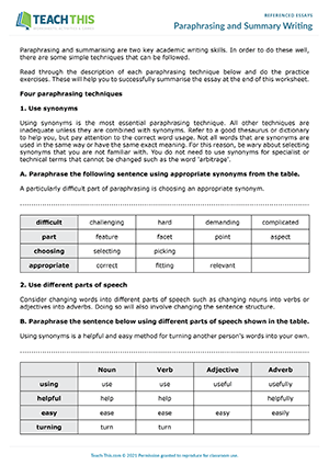 Paraphrasing and Summary Writing Worksheet Preview