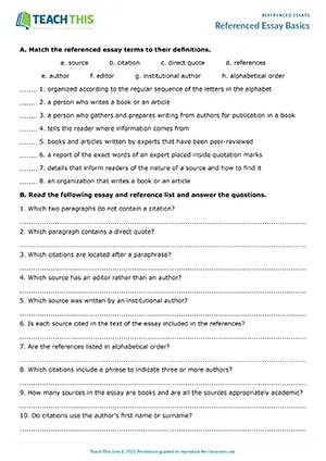 EAP referenced essay basics worksheet preview for Upper-intermediate (B2) showing matching, short answer, and citation activities