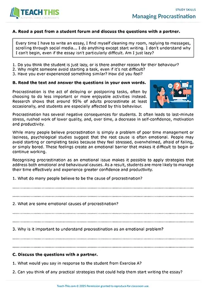 EAP study skills worksheet preview for Upper-intermediate (B2) showing procrastination causes, management strategies, and personal action planning