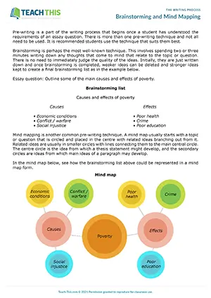 EAP brainstorming and mind mapping worksheet preview for Intermediate (B1) showing pre-writing activities, mind map, and essay outline creation