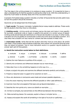 EAP writing process worksheet preview for Upper-intermediate (B2) showing matching, essay question analysis, and peer feedback activities