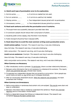 EAP writing exam preparation worksheet preview for Intermediate (B1) with matching, error correction, paragraph writing, and peer review tasks