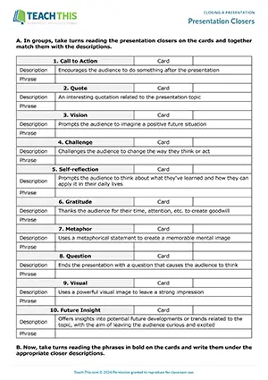 Business English ending a presentation activity preview featuring listening matching exercises, writing sentences, guided writing, and speaking presentation delivery for upper-intermediate B2 level students