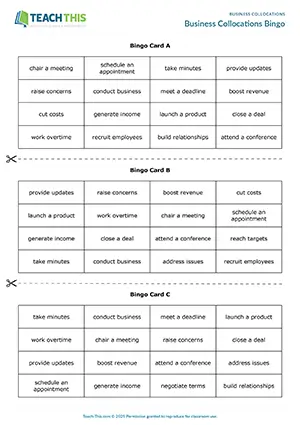 Business English collocations game preview showing vocabulary bingo, matching, group work for intermediate B1 level students