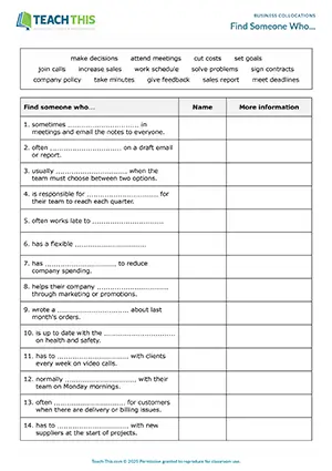 Business English collocations activity preview showing vocabulary and speaking gap-fill, asking and answering questions, controlled and freer practice for intermediate B1 level students
