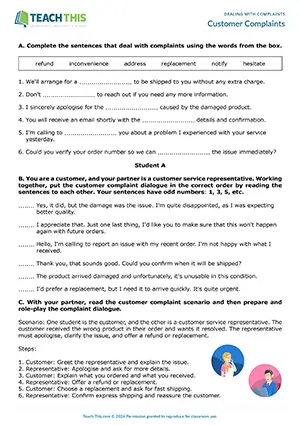 Business English dealing with complaints activity preview showing vocabulary, reading, listening and speaking exercises, gap-fill, ordering, role-play, and freer practice for upper-intermediate B2 level students