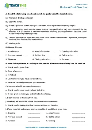 ESL business email structure worksheet preview featuring vocabulary and writing exercises, matching, categorising, and email writing practice for upper-intermediate B2 level students