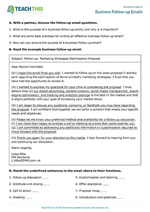 Business English follow-up emails worksheet preview showing reading and writing exercises, matching, rewriting emails, and guided discussion for upper-intermediate B2 level students