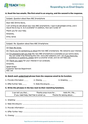 Business English email enquiries worksheet preview showing reading exercises, vocabulary matching, sentence completion, and email writing practice for pre-intermediate A2 level students
