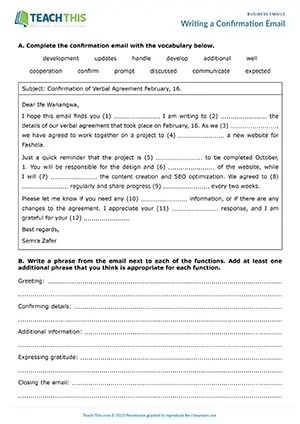 Business English confirmation emails worksheet preview showing vocabulary, reading and writing exercises, gap-fill, identifying, unscrambling, email writing practice, and peer review for upper-intermediate B2 level students