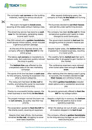 Business idioms worksheet preview featuring vocabulary exercises, identifying and matching activities, speaking questions and answers, vocabulary gap-fill game for upper-intermediate B2 level students