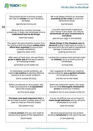 Business English idioms game preview showing vocabulary identifying and guessing activities for upper-intermediate B2 level business vocabulary practice
