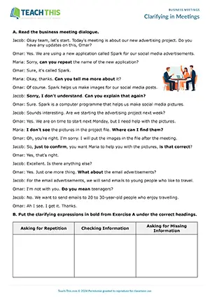 Business English meetings worksheet preview showing reading and vocabulary exercises, categorising, gap-fill activities, speaking role-play, and freer practice for pre-intermediate A2 level students