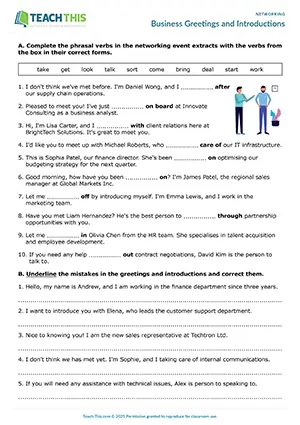 Business networking worksheet preview showing vocabulary, grammar and reading exercises, error correction, ordering, speaking role-play activities for upper-intermediate B2 level students