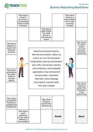 Business networking board game preview featuring vocabulary and speaking activities, gap-fill exercises, impromptu speech, and freer practice for upper-intermediate B2 level students