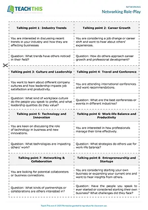 Business networking role-play preview featuring speaking activities, role-play, and communicative practice for upper-intermediate B2 level professional networking skills