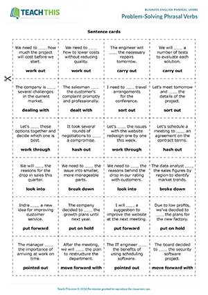 Business English phrasal verbs worksheet and game preview featuring vocabulary exercises, matching, binary choice, vocabulary game with gap-fill for upper-intermediate B2 level problem-solving vocabulary