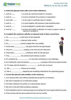 Business English phrasal verbs with work worksheet preview showing vocabulary exercises, gap-fill, error correction, rewriting sentences, and speaking activities for intermediate B1 level students