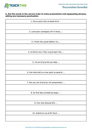 Business English presentations game preview featuring vocabulary and reading exercises, unscrambling, gap-fill, speaking activities, preparing and delivering presentations for intermediate B1 level students