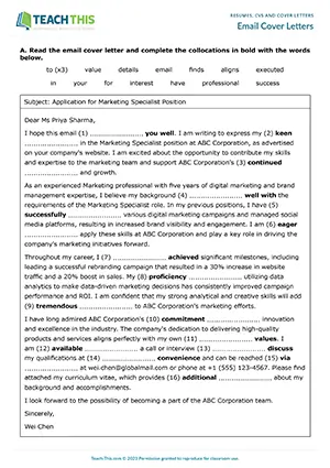 Business English email cover letters worksheet preview featuring reading, vocabulary and writing exercises, gap-fill, matching, binary choice, sentence completion, and speaking activities for upper-intermediate B2 level students