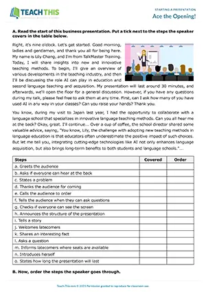 Business English intermediate starting presentations worksheet preview showing ordering exercises, matching activities, gap-fill practice, and presentation role-play for B1 level students