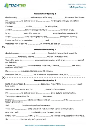 Business English intermediate presentation openings game preview showing gap-fill exercises, listening for detail activities, and vocabulary practice for B1 level students