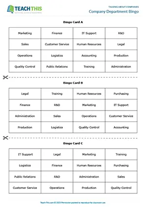 Business English intermediate company departments game preview showing vocabulary bingo, matching exercises for describing company departments for B1 level students