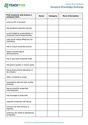 Business English upper-intermediate talking about companies activity preview showing asking and answering questions from prompts, controlled and freer practice exercises for B2 level students