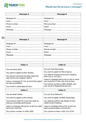 Business English intermediate role-play activity preview showing taking and leaving messages practice, receptionist scenarios, and business phone communication for B1 level speaking practice