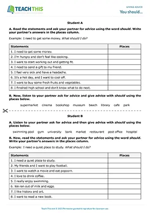 ESL should activity for A1-A2 elementary: asking and answering advice questions using should, pair work