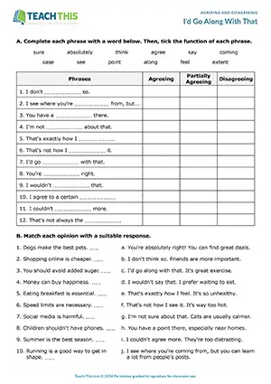 ESL agreeing and disagreeing worksheet preview for B2 showing advanced phrases, gap-fill and group discussion