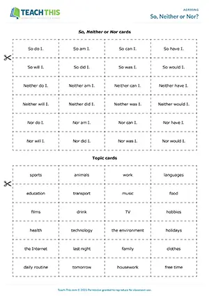 ESL so, neither or nor game preview for B1 showing topic cards, agreeing phrase prompts, and group competition
