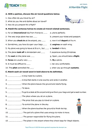 ESL air travel worksheet preview for A2 pre-intermediate: vocabulary, reading, writing, story creation, and speaking activities