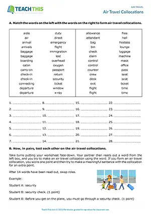 ESL air travel collocations activity for B2 upper-intermediate: matching, forming collocations, speaking game, sentence creation