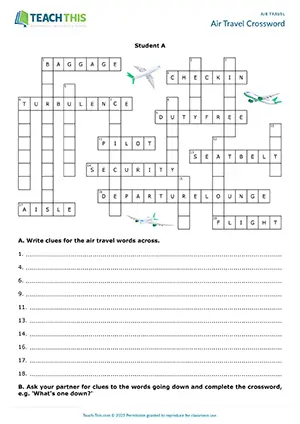 ESL air travel crossword activity for B2 upper-intermediate: vocabulary, writing clues, describing, guessing, group and pair work