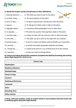 ESL airport check-in activity for B2 upper-intermediate: reading, vocabulary, dialogue writing, role-play, pair work
