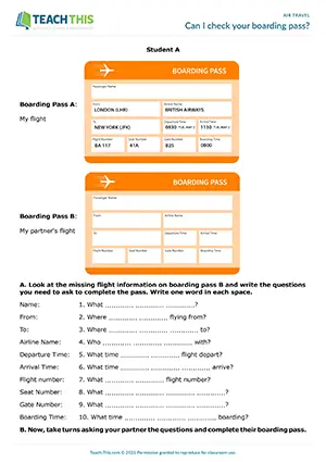 ESL air travel information activity for A2 pre-intermediate: speaking, question formation, pair work, boarding pass completion