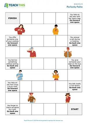ESL polite expressions board game for A2 pre-intermediate: forming sentences, guessing, speaking, group practice