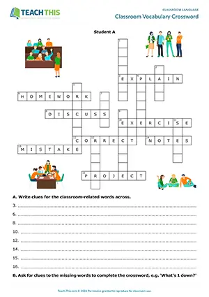 ESL classroom language activity for A2 pre-intermediate: writing and giving clues, defining, guessing, group and pair work