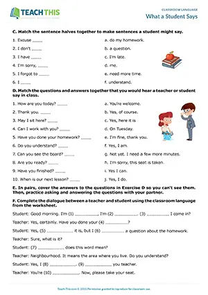ESL classroom language worksheet for A1-A2 elementary: gap-fill, matching, asking and answering, student classroom phrases