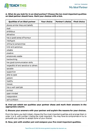 ESL critical thinking activity for B2 upper-intermediate: ranking, expressing opinions, negotiating, ideal partner qualities
