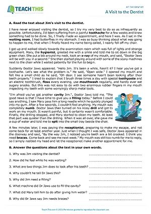 ESL At the Dentist's worksheet for B2 upper-intermediate: vocabulary, reading, comprehension, crossword, gap-fill, pair discussion activities