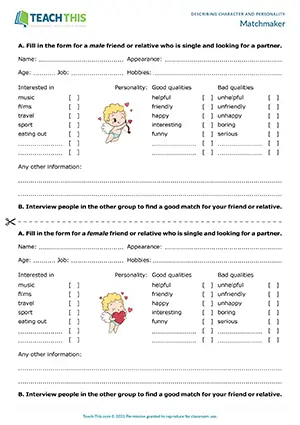 ESL Matchmaking Activity preview for Pre-intermediate A2 showing student worksheet on vocabulary, personality, and group interview task