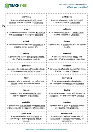 ESL Personality Adjectives Game preview for Upper-intermediate B2 showing group card-based guessing activity